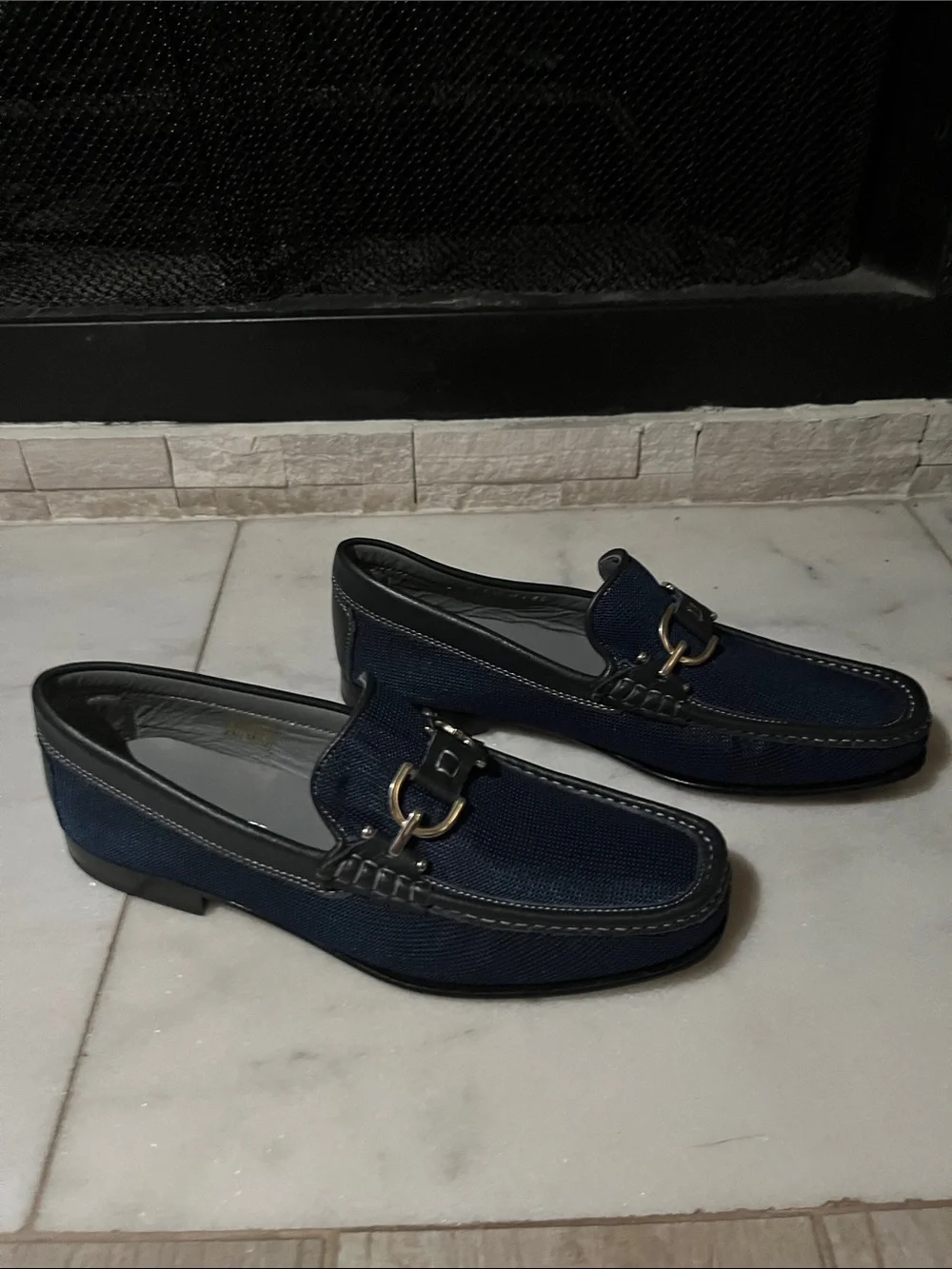 Donald J. Pliner Navy Blue Slip-On Loafers with Metal Bit